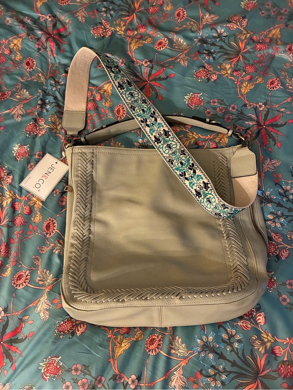 Vegan Leather Light Gray Crossbody Bag with Decorative Floral Strap